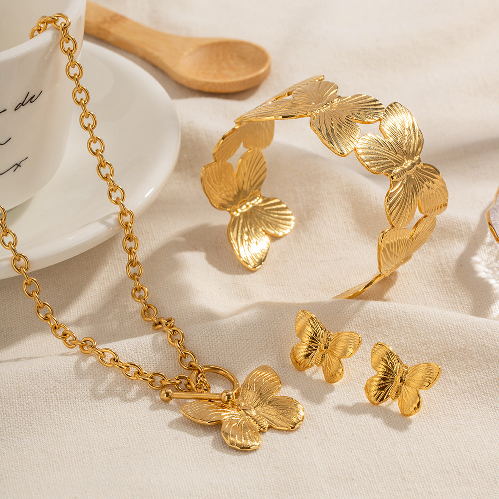 Wholesale 18k Gold-plated Stainless Steel Butterfly Necklace Bracelet Earring Set